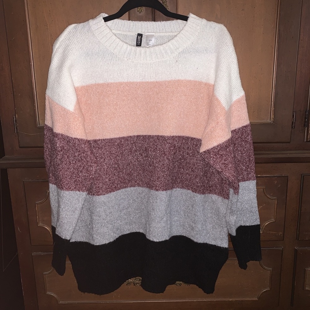 Striped pink purple white grey black sweater dress